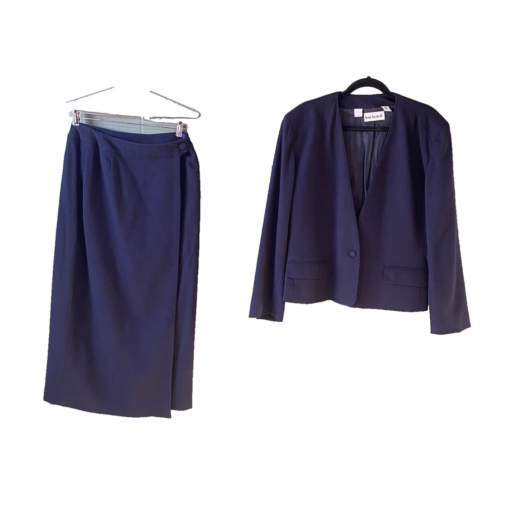 Anne Klein Skirt Suit Womens 10/14 Vintage 100% Wool Navy Blue Pencil Wrap Midi